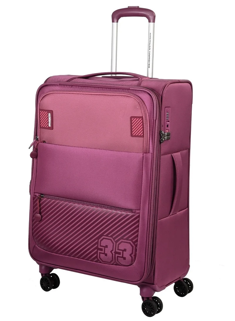 AMERICAN TOURISTER Majoris + Suitcase, Check-In Size 70 cm / 26 inch, 4 Spinner Wheels, Soft Top, 100% Polyester, Wineberry|Corner Guards|Multi Front Pocket|TSA Combination Lock|Expandable|Retractable Aluminum Handle - 3 Years International Warranty